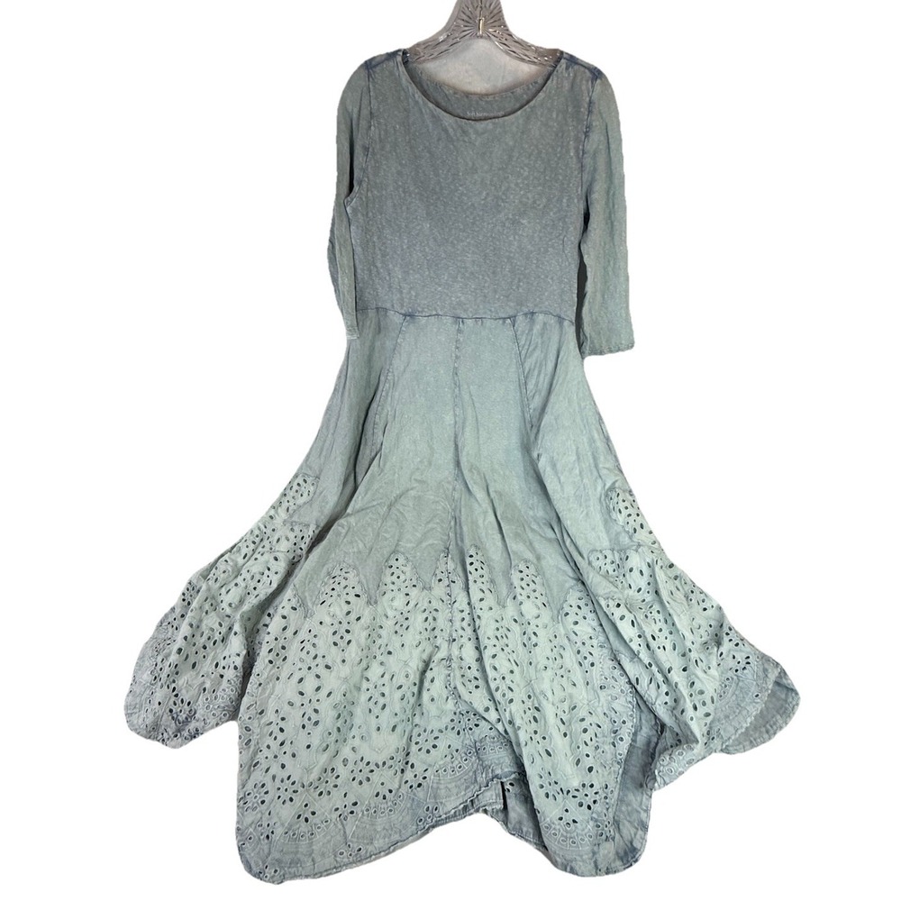 Soft Surroundings Blue Cotton T Shirt Dress XS Eyelet Hem Boho Cottagecore Midi